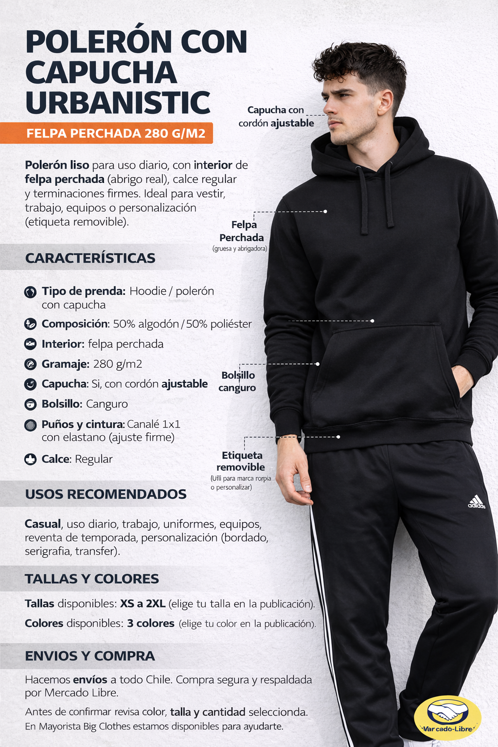 Poleron Hombre Urban Liso Con Capucha Premium