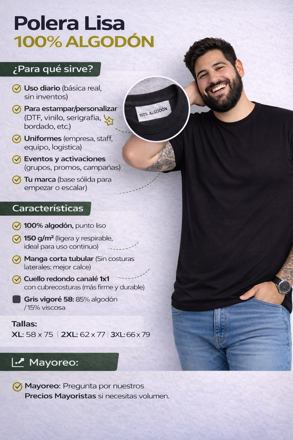 Polera Hombre Plus Size Atomic Premium 100% Algodón 150 g/m² – XL a 3XL (Lisa)