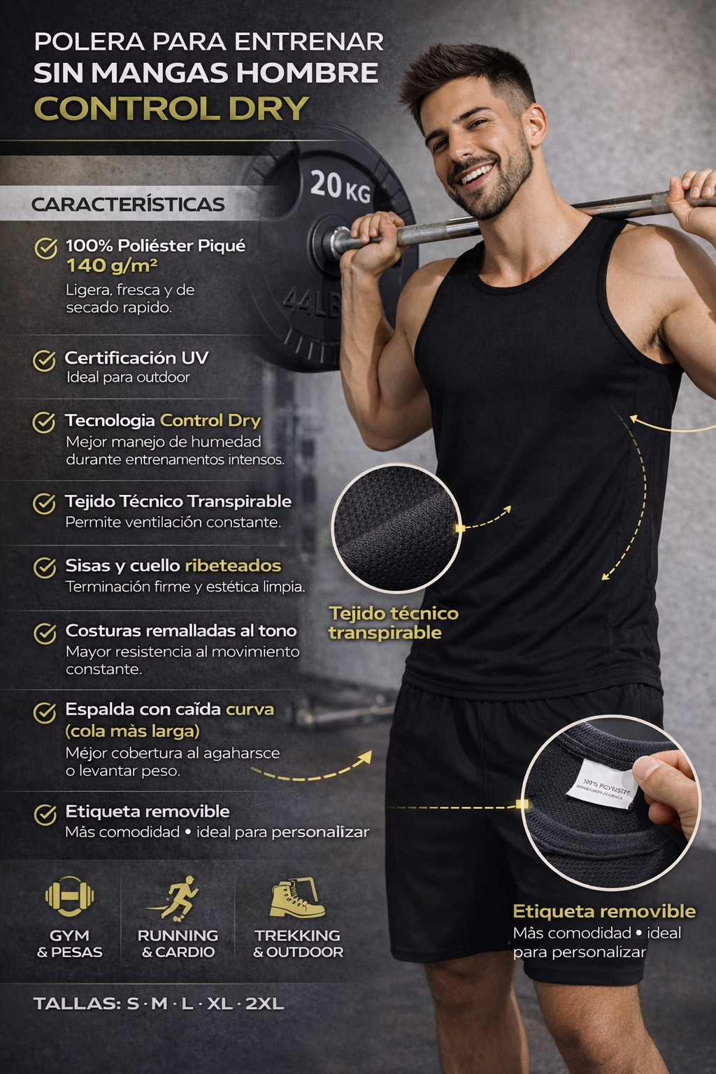 Polera Hombre Andre Sin Mangas Deportiva Control Dry Uv Gym Runner