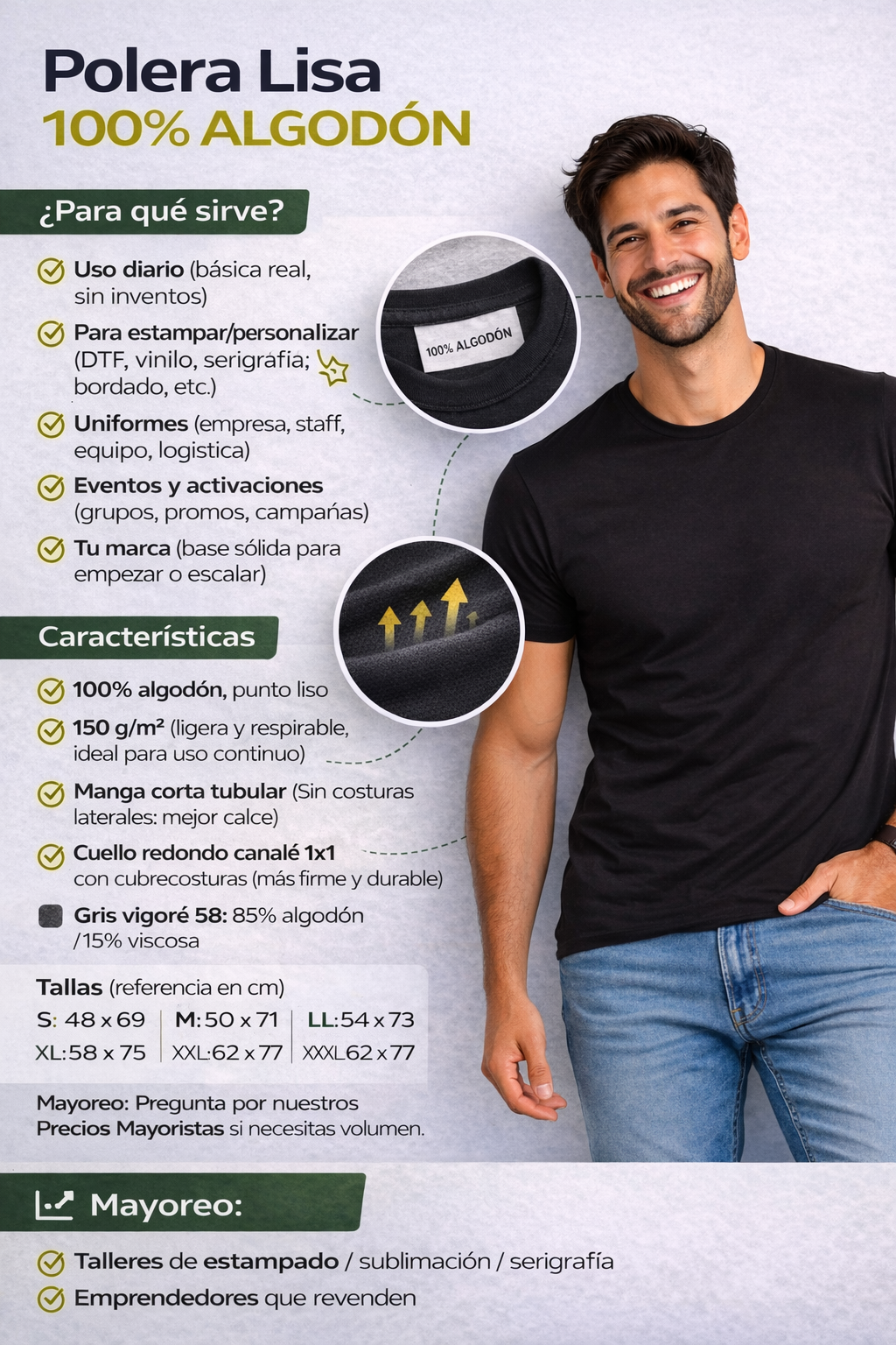 Polera Lisa Premium 100% Algodón 150 g/m² Modelo Atomic
