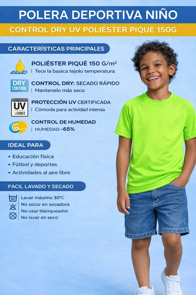 Polera Montecarlo Deportiva Niño Control Dry + UV 150 g/m² – Educación Física y Deportes