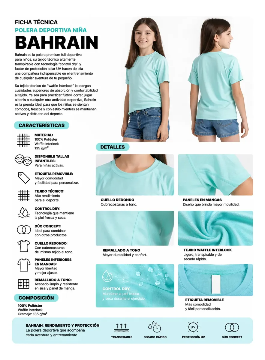 Polera Niños Deportiva Bahrain Control Dry Uv 135g Educación Física