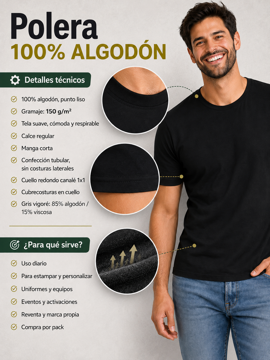 Polera Lisa Premium 100% Algodón Sin Logos Cuello Redondo Manga Corta ideal para uso diario, uniformar y/o estampar